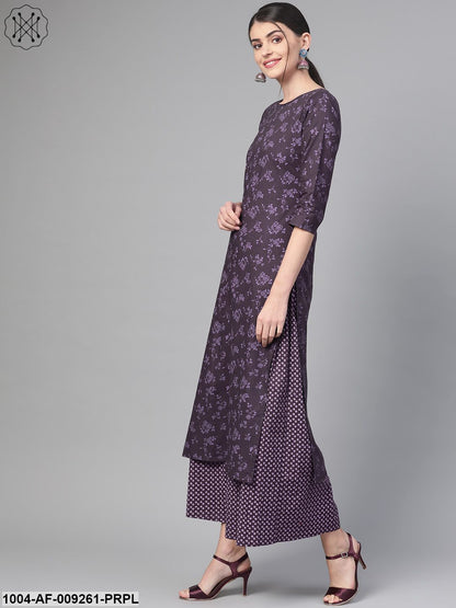 Women Purple &Straight Floral Printed Kurta And Skirt Set