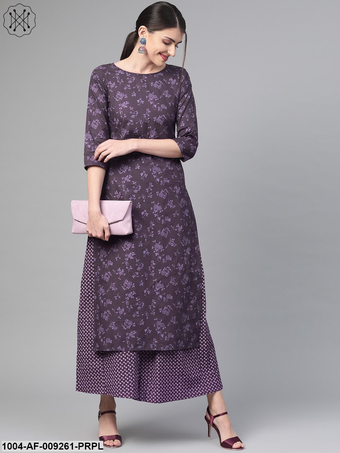 Women Purple &Straight Floral Printed Kurta And Skirt Set