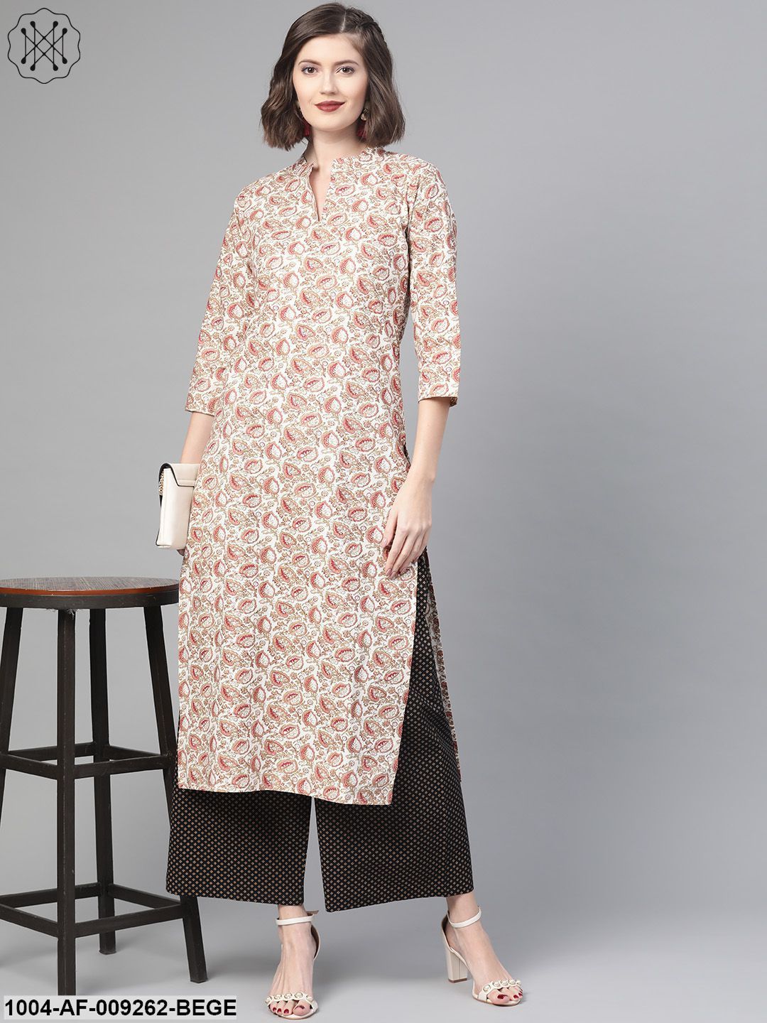 Women Off White & Beige Straight Floral Printed Kurta And Palazzos Set