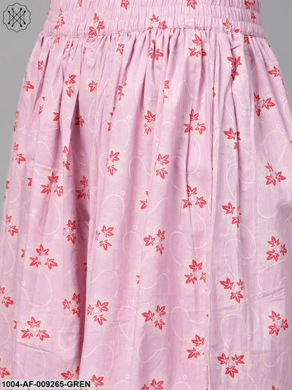 Women Pink & Green Straight Floral Printed Kurta And Skirt Set