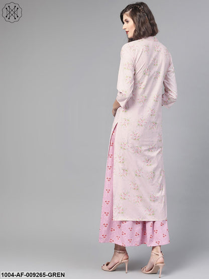 Women Pink & Green Straight Floral Printed Kurta And Skirt Set