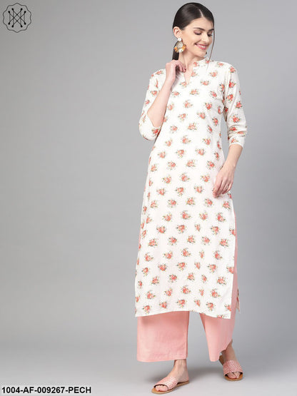 Women Off White & Peach Straight Floral Printed Kurta And Palazzos Set