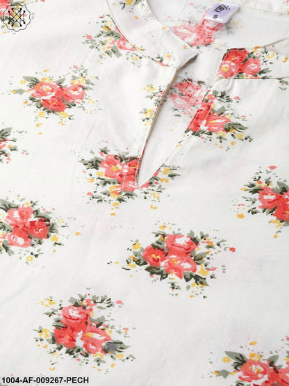 Women Off White & Peach Straight Floral Printed Kurta And Palazzos Set