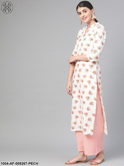 Women Off White & Peach Straight Floral Printed Kurta And Palazzos Set