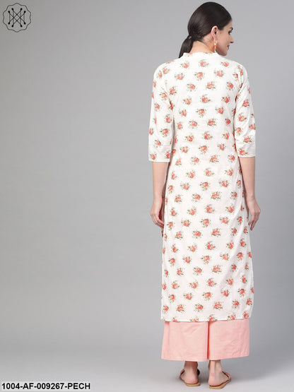 Women Off White & Peach Straight Floral Printed Kurta And Palazzos Set