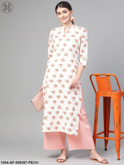 Women Off White & Peach Straight Floral Printed Kurta And Palazzos Set