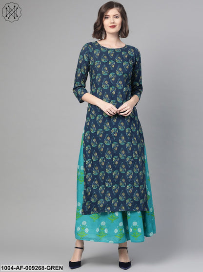 Women Navy Blue & Green Straight Ethnic Motifs Printed Kurta And Skirt Set