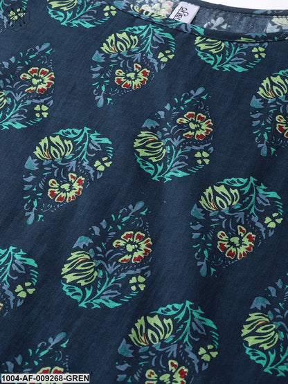 Women Navy Blue & Green Straight Ethnic Motifs Printed Kurta And Skirt Set