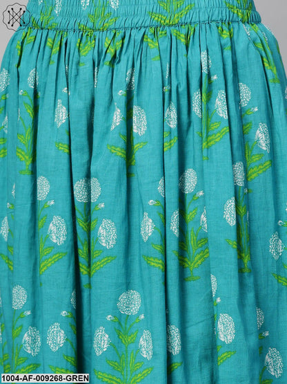 Women Navy Blue & Green Straight Ethnic Motifs Printed Kurta And Skirt Set