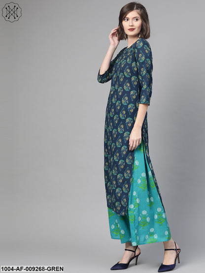 Women Navy Blue & Green Straight Ethnic Motifs Printed Kurta And Skirt Set