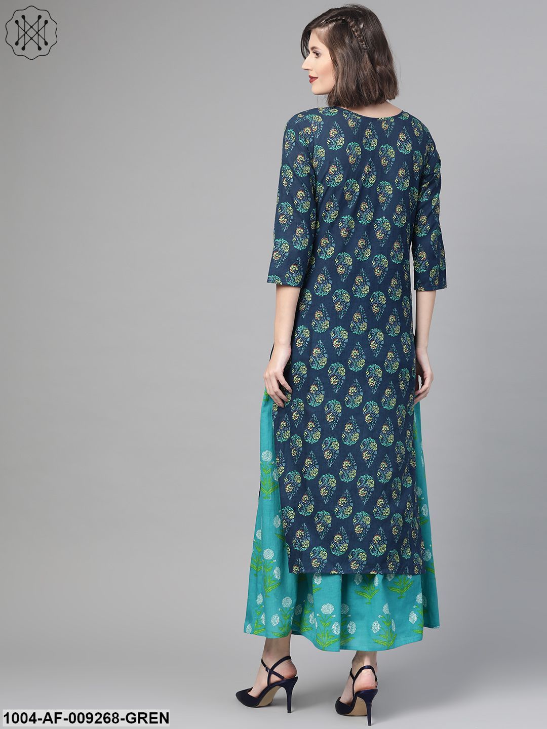 Women Navy Blue & Green Straight Ethnic Motifs Printed Kurta And Skirt Set