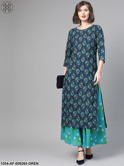 Women Navy Blue & Green Straight Ethnic Motifs Printed Kurta And Skirt Set