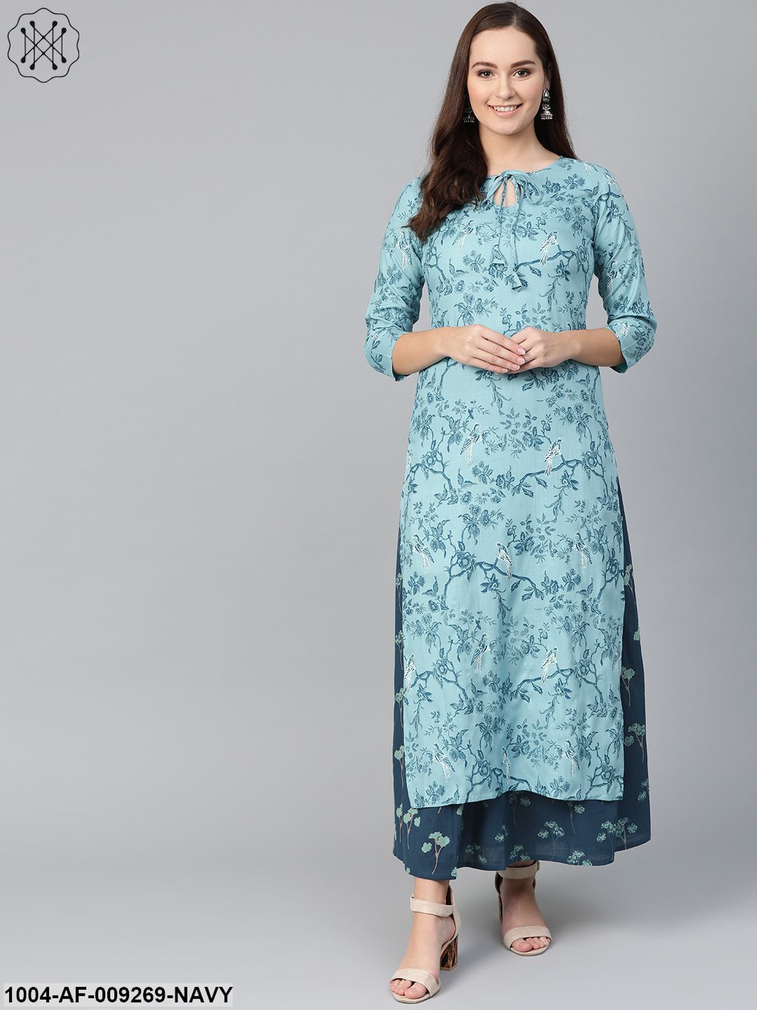 Women Teal & Navy Blue Straight Floral Printed Kurta And Skirt Set