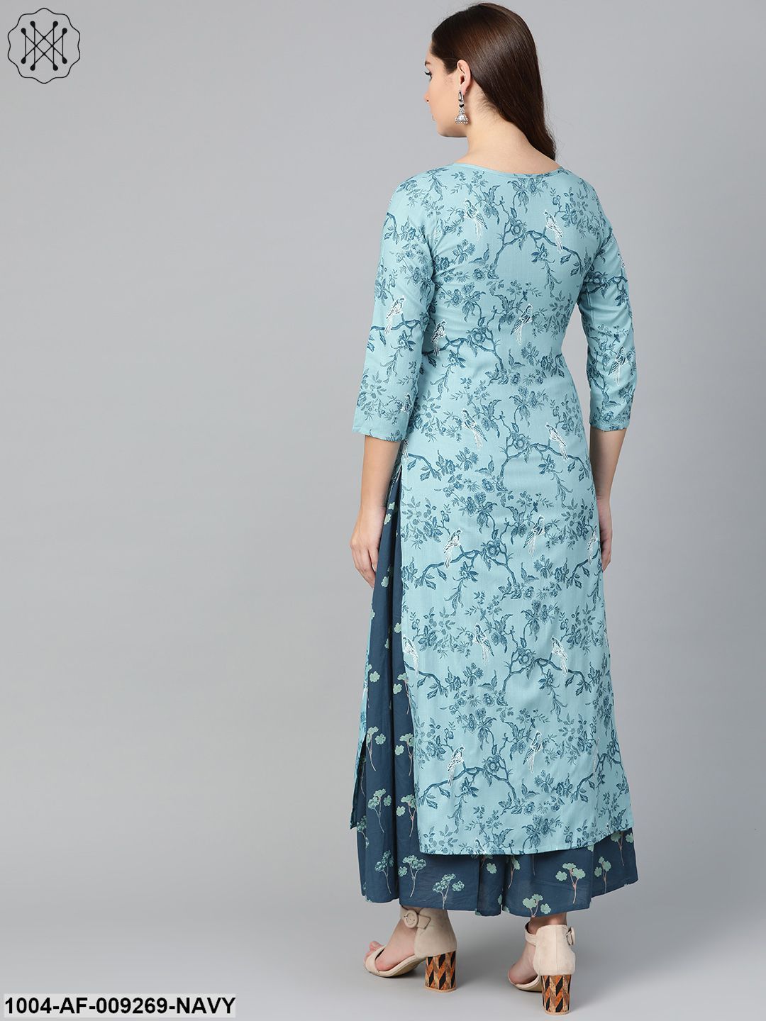 Women Teal & Navy Blue Straight Floral Printed Kurta And Skirt Set