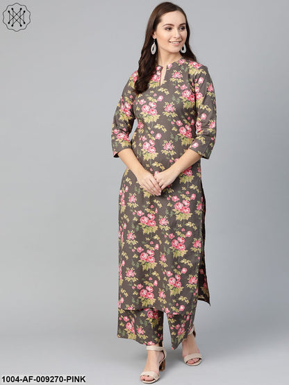 Women Grey & Pink Straight Floral Printed Kurta And Palazzos Set