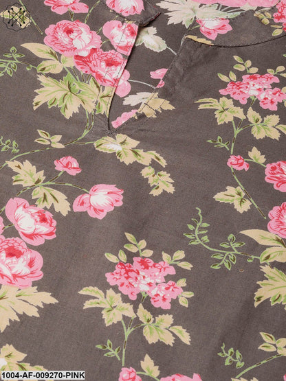 Women Grey & Pink Straight Floral Printed Kurta And Palazzos Set