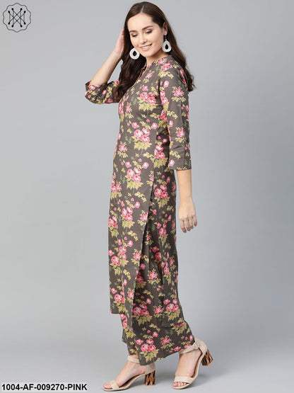 Women Grey & Pink Straight Floral Printed Kurta And Palazzos Set