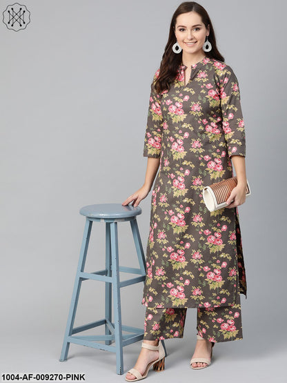 Women Grey & Pink Straight Floral Printed Kurta And Palazzos Set