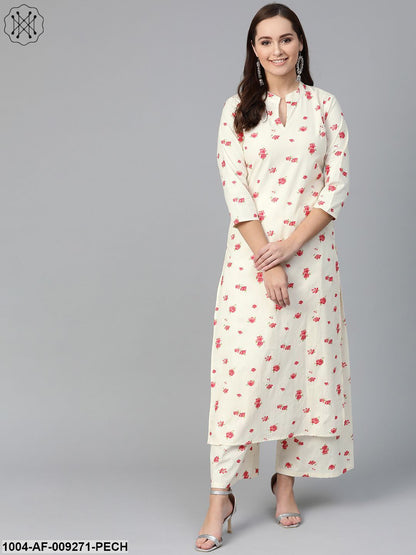 Women Off White & Peach Straight Floral Printed Kurta And Palazzos Set