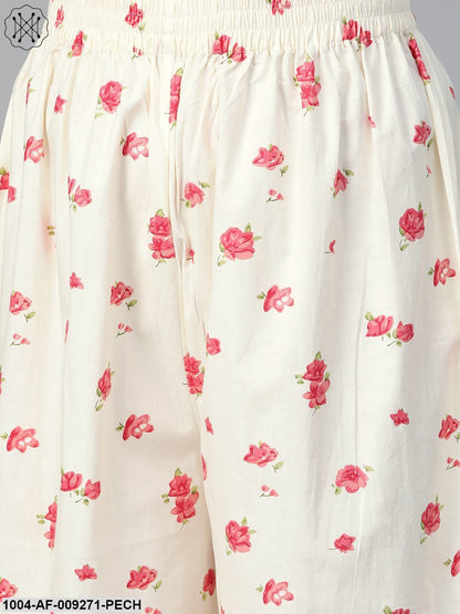 Women Off White & Peach Straight Floral Printed Kurta And Palazzos Set