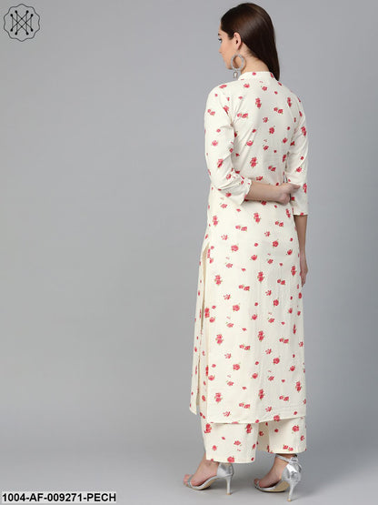 Women Off White & Peach Straight Floral Printed Kurta And Palazzos Set