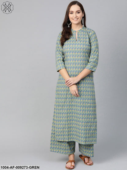 Women Teal & Green Straight Floral Printed Kurta And Palazzos Set
