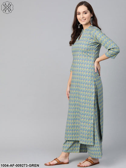 Women Teal & Green Straight Floral Printed Kurta And Palazzos Set