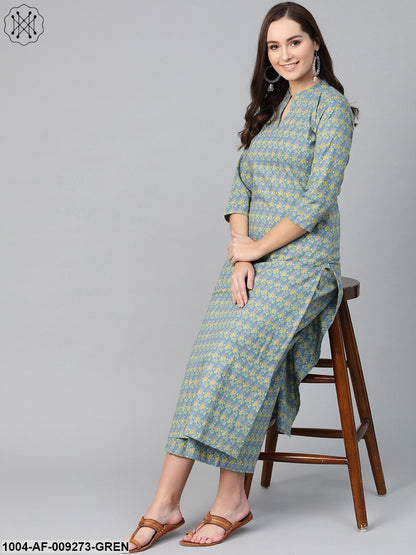 Women Teal & Green Straight Floral Printed Kurta And Palazzos Set