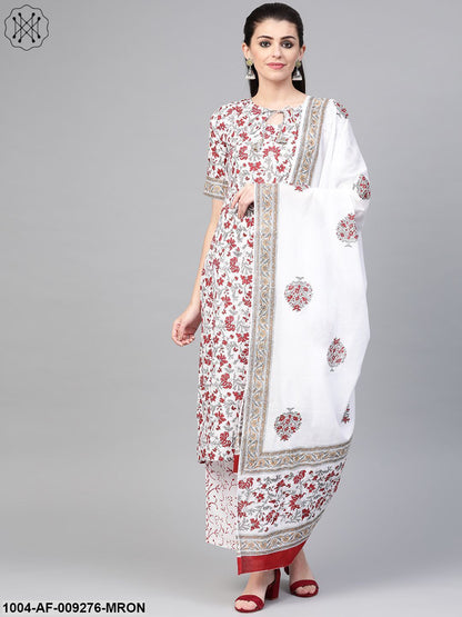 Women White & Maroon Straight Floral Printed Kurta And Palazzos Set With Dupatta