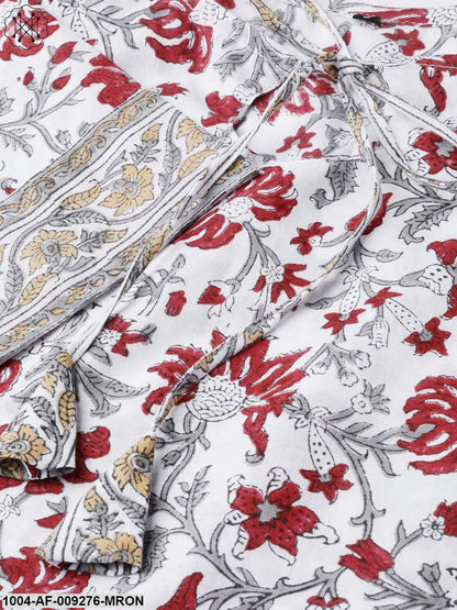 Women White & Maroon Straight Floral Printed Kurta And Palazzos Set With Dupatta