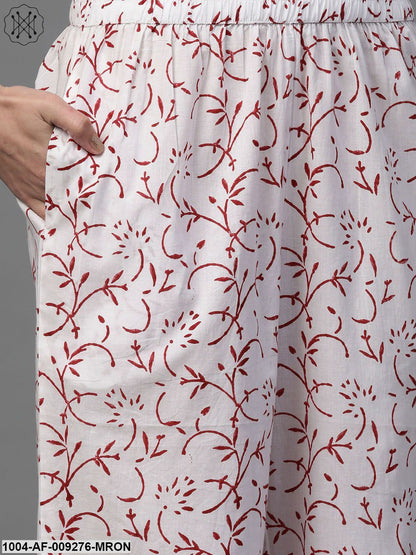 Women White & Maroon Straight Floral Printed Kurta And Palazzos Set With Dupatta