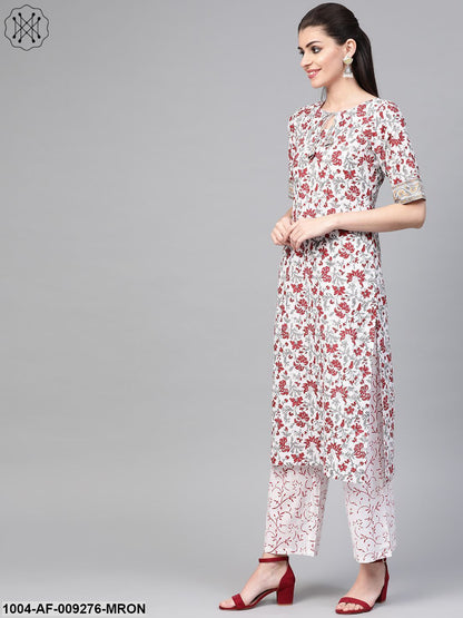 Women White & Maroon Straight Floral Printed Kurta And Palazzos Set With Dupatta