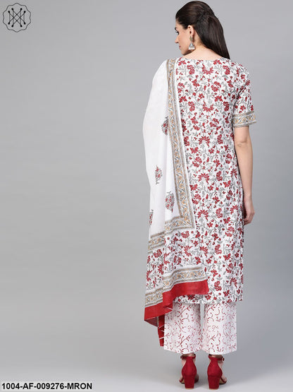 Women White & Maroon Straight Floral Printed Kurta And Palazzos Set With Dupatta