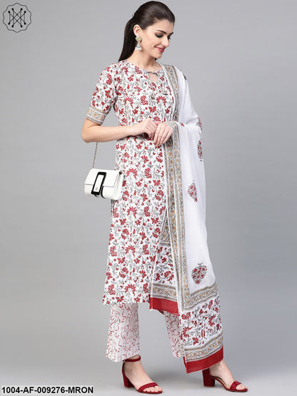 Women White & Maroon Straight Floral Printed Kurta And Palazzos Set With Dupatta