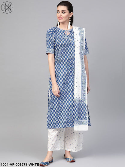 Women Blue & White Straight Floral Printed Kurta And Palazzos Set With Dupatta