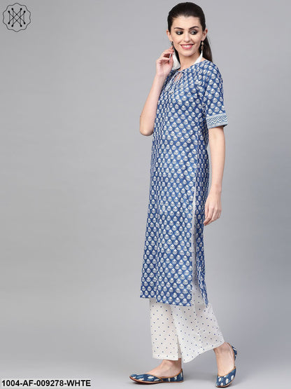 Women Blue & White Straight Floral Printed Kurta And Palazzos Set With Dupatta