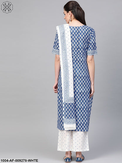 Women Blue & White Straight Floral Printed Kurta And Palazzos Set With Dupatta