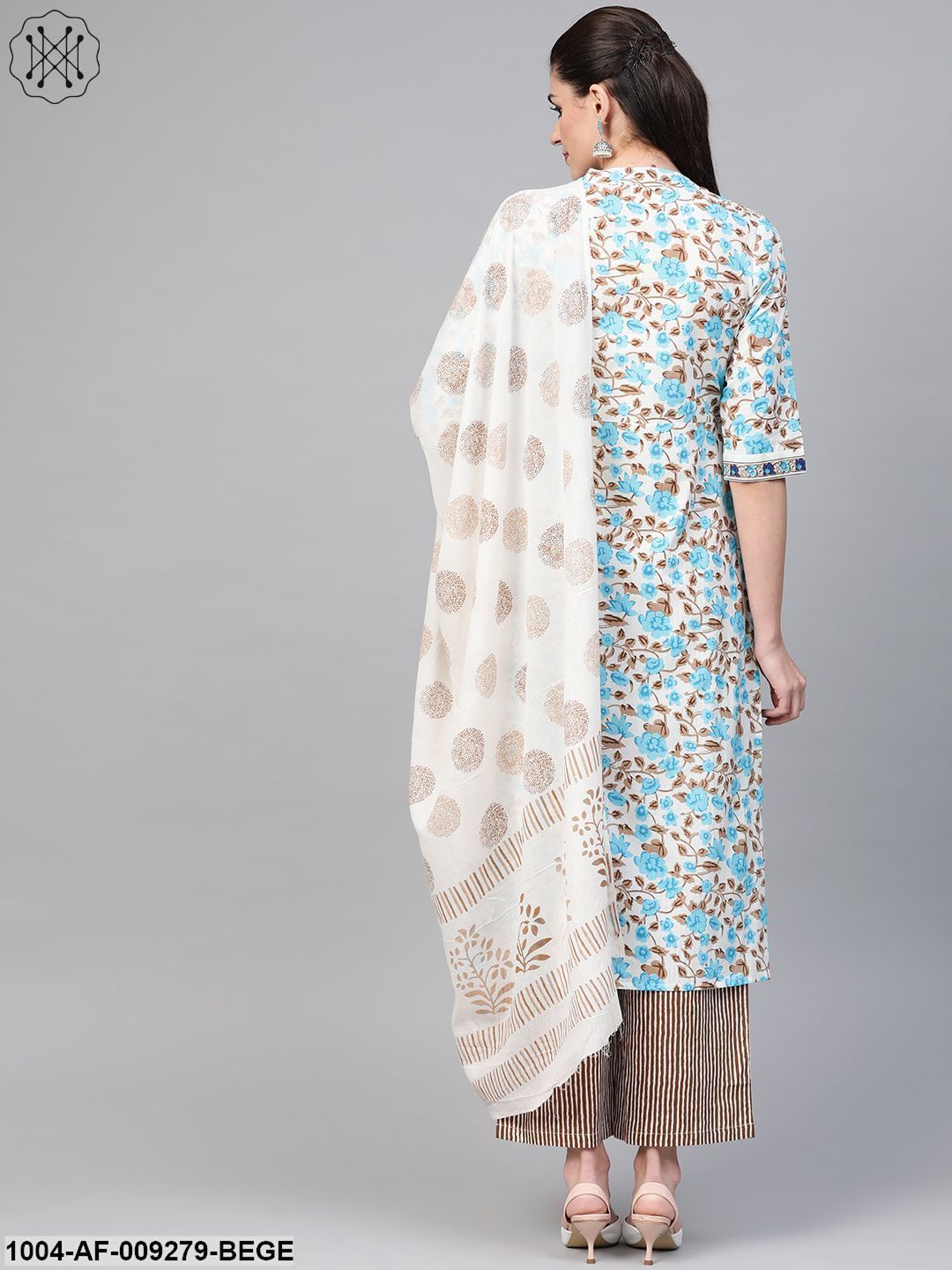 Women Blue & Beige Straight Floral Printed Kurta And Palazzos Set With Dupatta