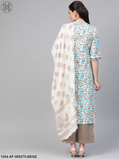 Women Blue & Beige Straight Floral Printed Kurta And Palazzos Set With Dupatta