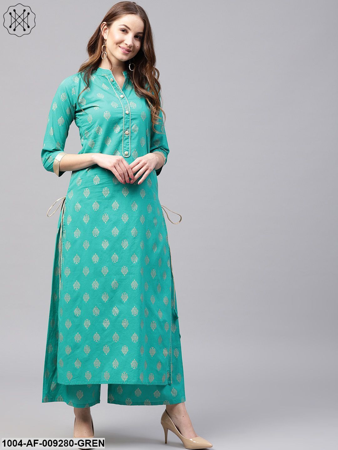 Green Printed 3/4Th Sleeve Cotton Kurta With Green Printed Ankle Length Palazzo