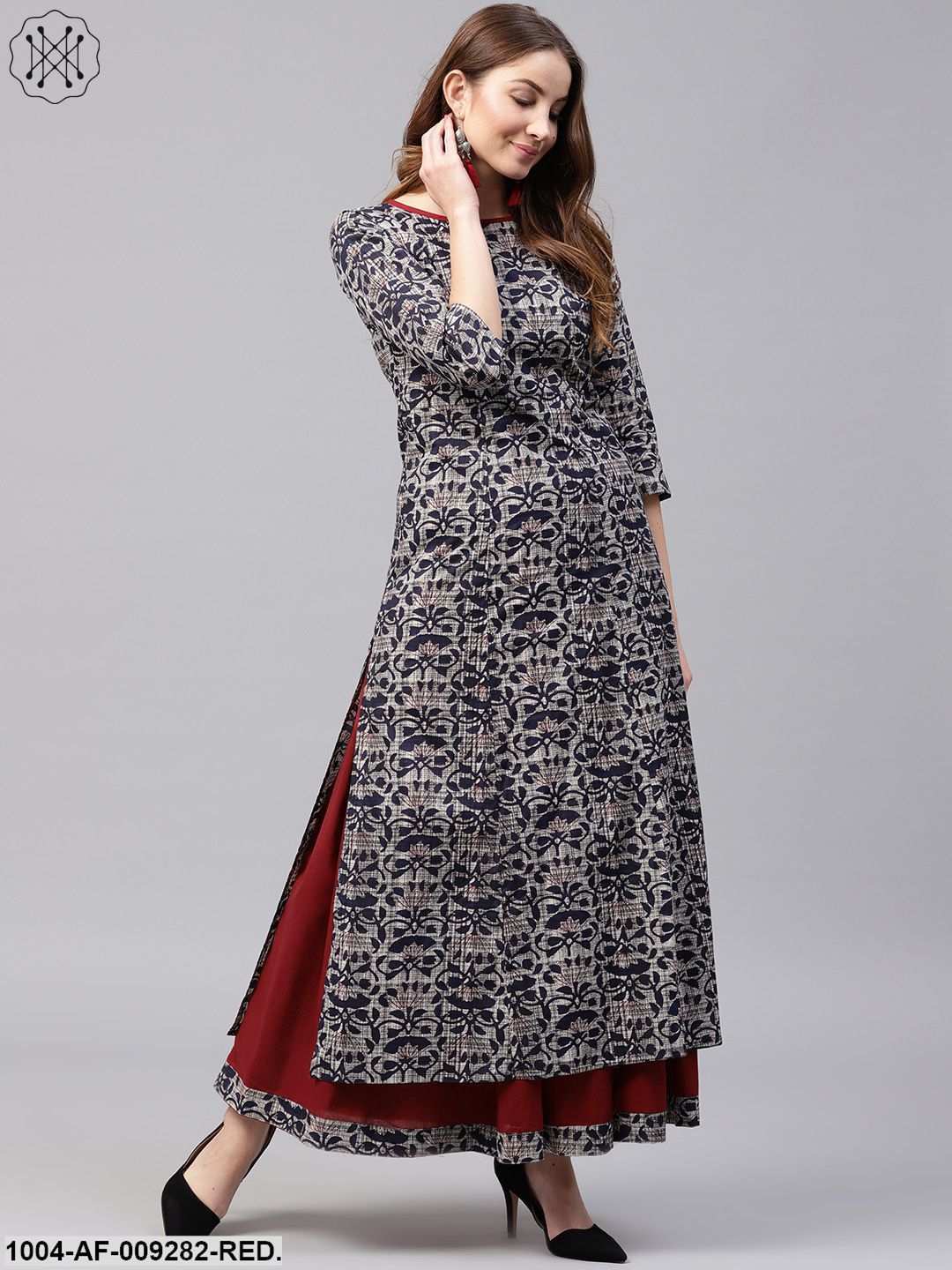 Blue Printed 3/4Th Sleeve Cotton Kurta With Red Flared Skirt