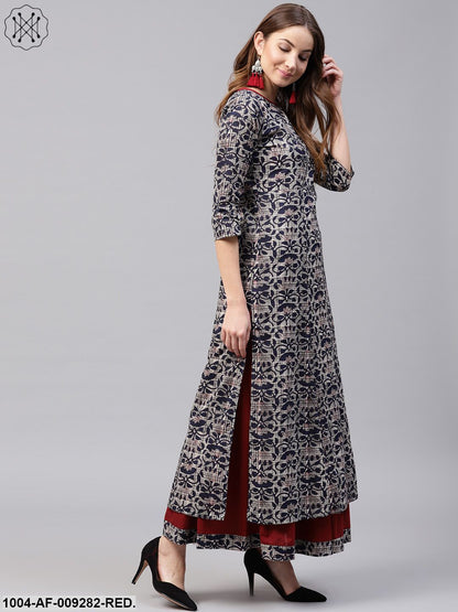 Blue Printed 3/4Th Sleeve Cotton Kurta With Red Flared Skirt