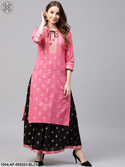 Pink Golden Print 3/4Th Sleeve Cotton Kurta With Black Printed Skirt