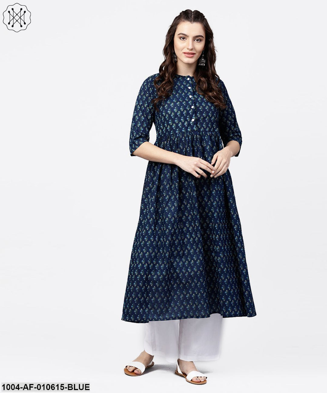 Women Blue Three-Quarter Sleeves Round Neck Straight Pure Cotton Kurta And Palazzos Set
