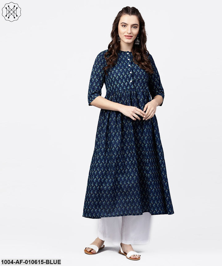 Women Blue Three-Quarter Sleeves Round Neck Straight Pure Cotton Kurta And Palazzos Set