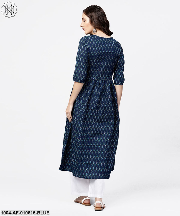 Women Blue Three-Quarter Sleeves Round Neck Straight Pure Cotton Kurta And Palazzos Set