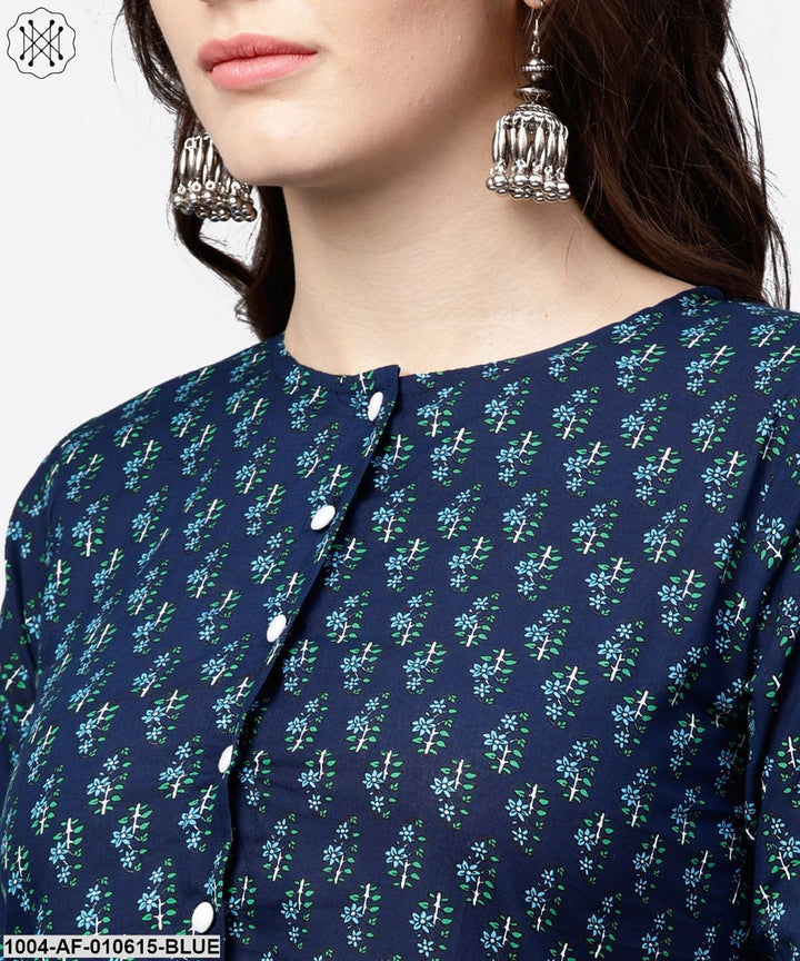 Women Blue Three-Quarter Sleeves Round Neck Straight Pure Cotton Kurta And Palazzos Set