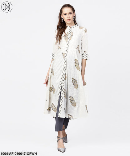 Women Off White Three-Quarter Sleeves Mandarin Collar A-Line Pure Cotton Kurta And Palazzos Set