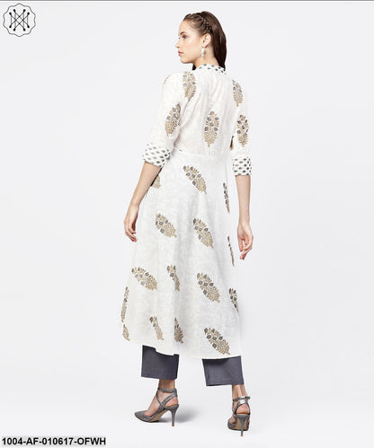 Women Off White Three-Quarter Sleeves Mandarin Collar A-Line Pure Cotton Kurta And Palazzos Set