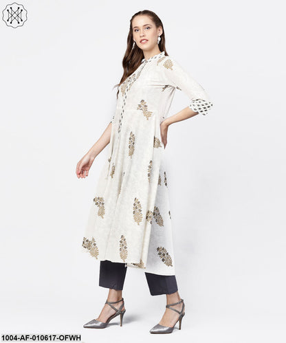 Women Off White Three-Quarter Sleeves Mandarin Collar A-Line Pure Cotton Kurta And Palazzos Set